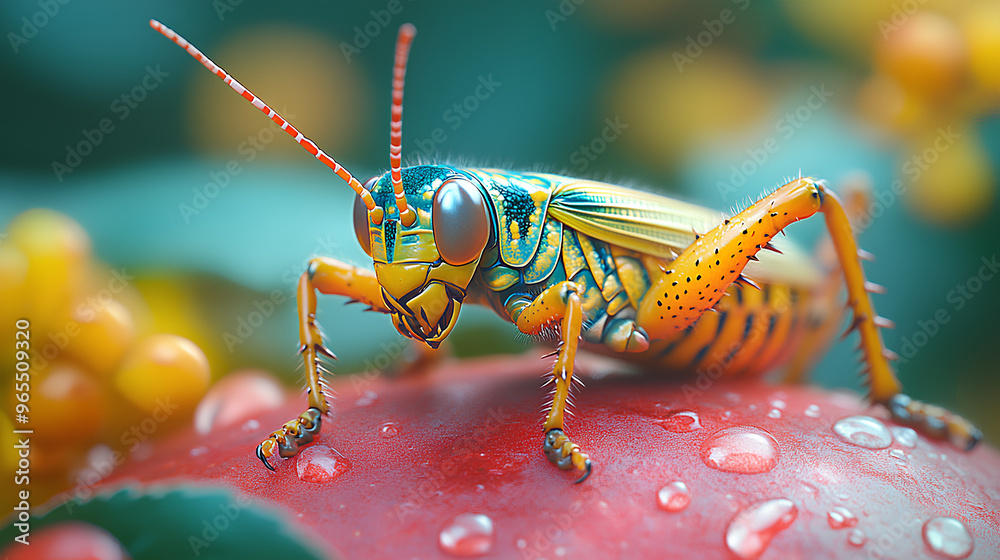 Fototapeta premium the grasshopper landed on the apple