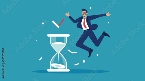 Businessman Jumping Over Hourglass with Checkmark, Efficient Time Management Concept