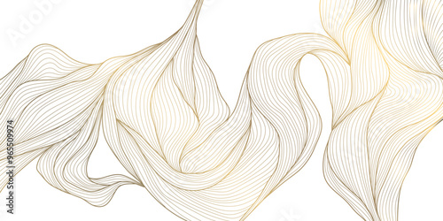 Vector line art deco gold leaves, flowers background. Vintage floral plant pattern, elegant japanese ornament, fancy royal poster