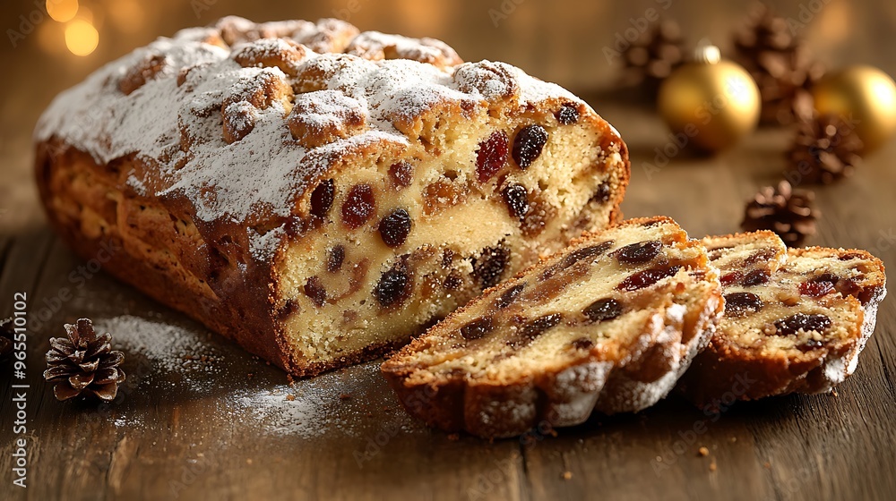 A close-up of a freshly baked German Stollen loaf, with powdered sugar dusting the surface, sliced open to reveal marzipan and dried fruits, set on a rustic wooden table, A close-up of a freshly baked German Stollen loaf, with powdered sugar dusting the surface, sliced open to reveal marzipan and dried fruits, set on a rustic wooden table,