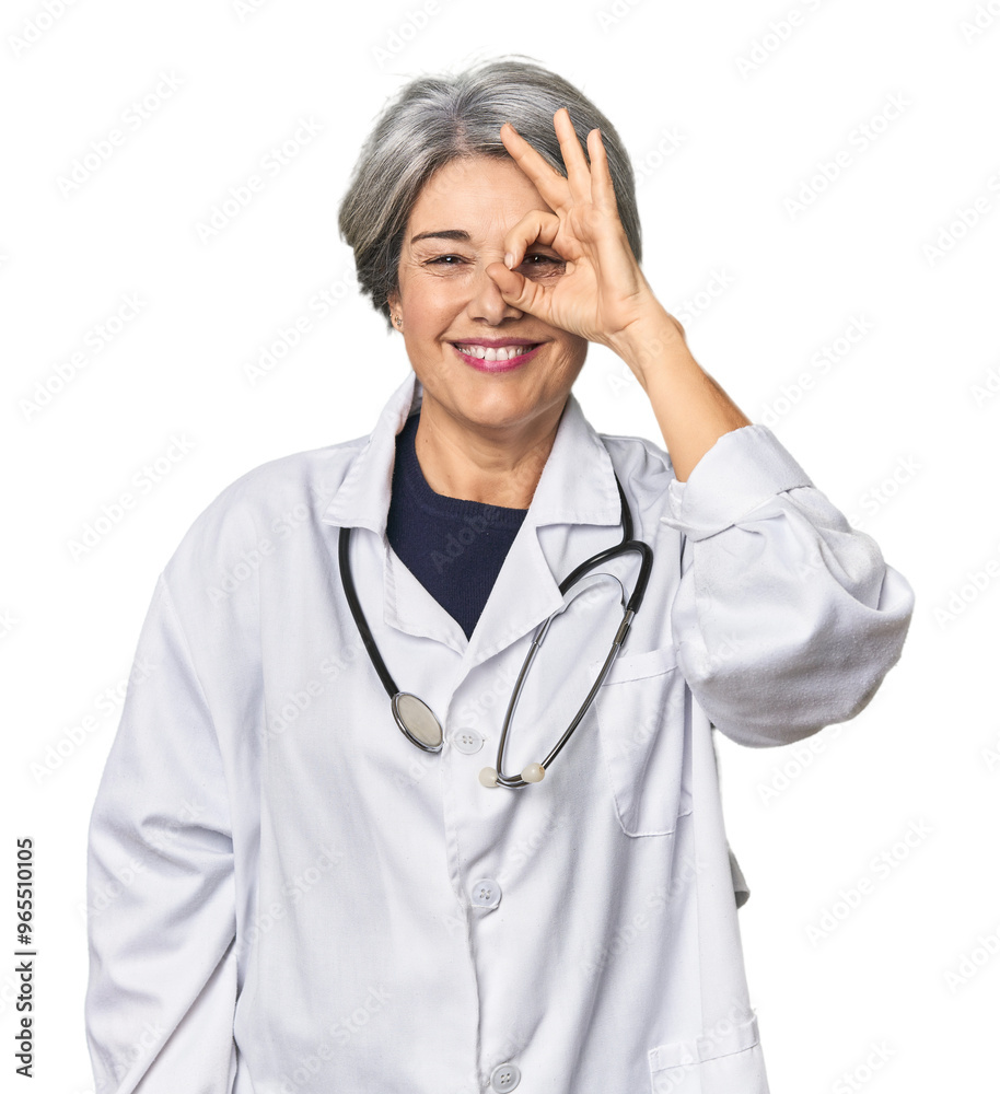 Caucasian mid-age female doctor with stethoscope excited keeping ok gesture on eye. Caucasian mid-age female doctor with stethoscope excited keeping ok gesture on eye.