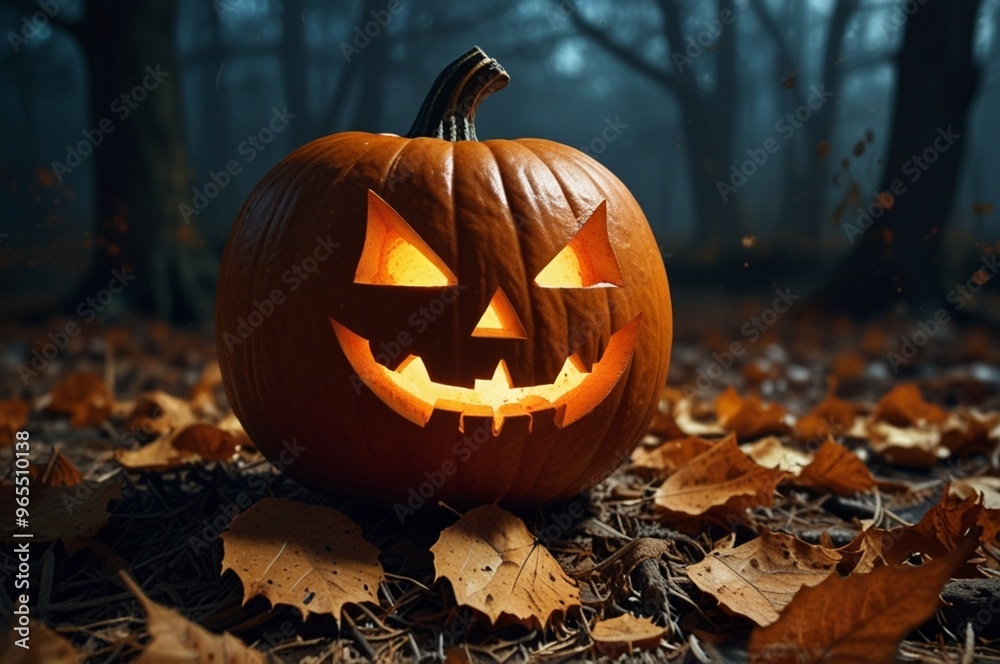 jack o lantern in the garden, night scene with dry leaves background jack o lantern in the garden, night scene with dry leaves background