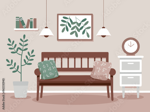 Cozy Living Room with Wooden Bench and Plants