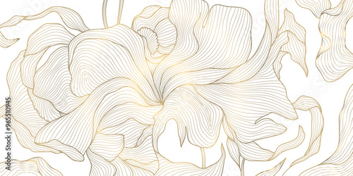 Vector line art deco gold leaves, flowers background. Vintage floral plant pattern, elegant japanese ornament, fancy royal poster