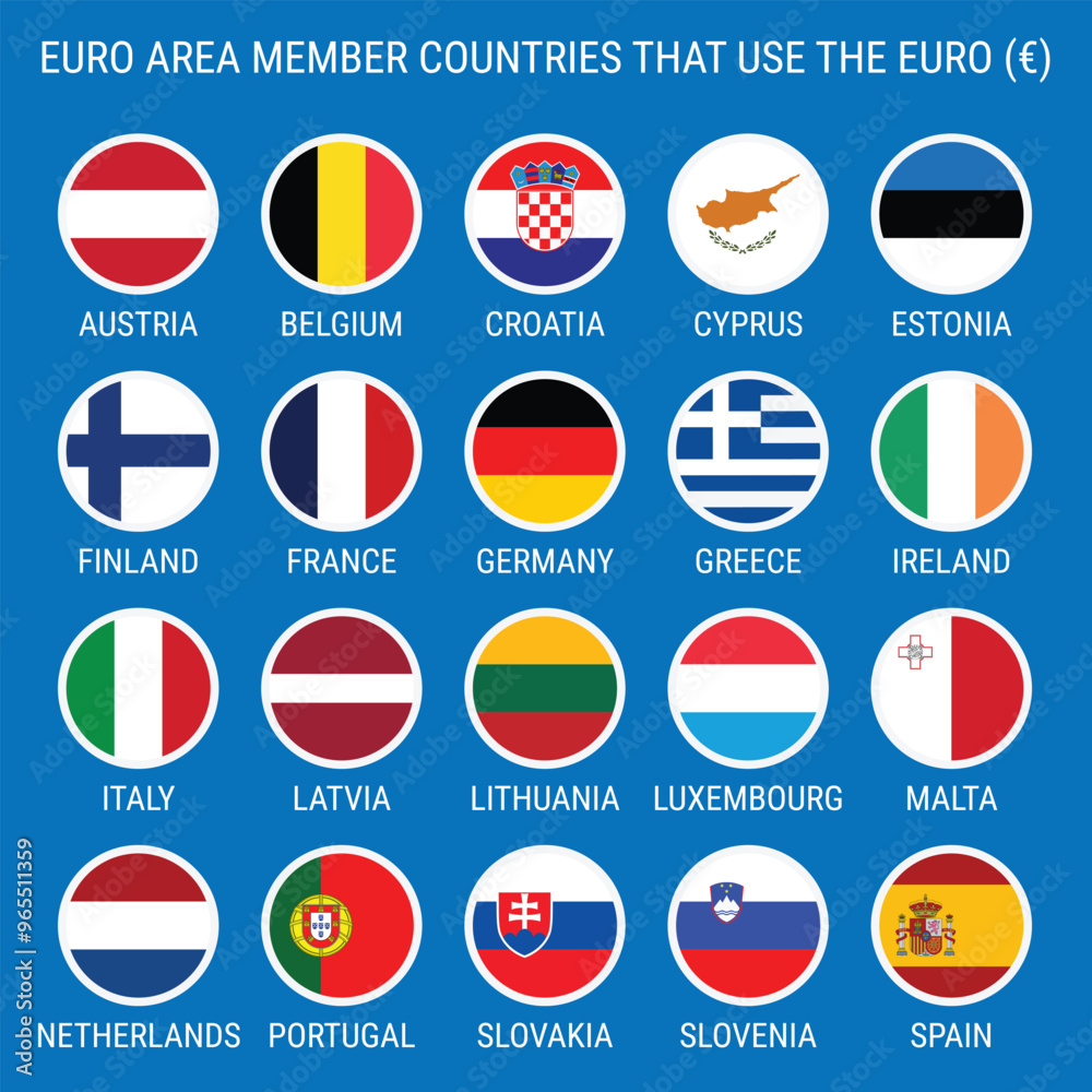 Euro area member countries that use the euro. Set of round flag icons in flat style. Vector icons isolated on blue background Euro area member countries that use the euro. Set of round flag icons in flat style. Vector icons isolated on blue background