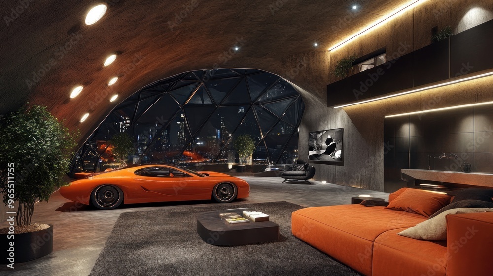 Modern living room with a bright orange car, large windows, and a couch with pillows. Modern living room with a bright orange car, large windows, and a couch with pillows.