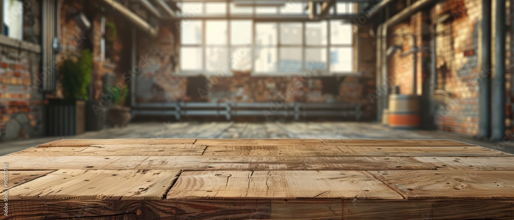 Fototapeta premium Rustic wooden table in a stylish industrial loft with exposed brick walls and large windows, perfect for creative spaces.