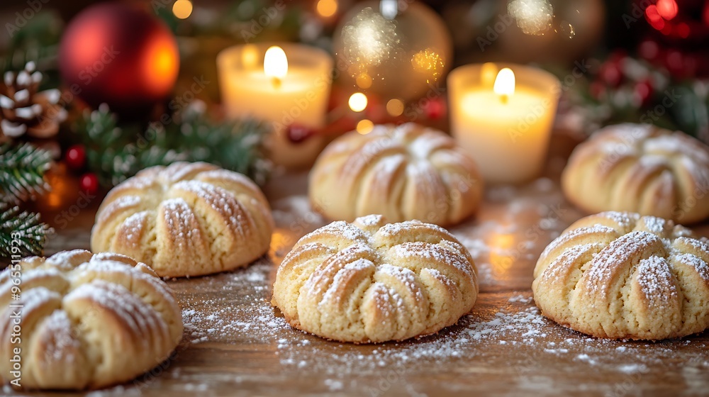 A close-up of golden Austrian Vanillekipferl cookies, lightly dusted with powdered sugar, served on a festive holiday table with glowing candles, Christmas ornaments, and garlands in the background, A close-up of golden Austrian Vanillekipferl cookies, lightly dusted with powdered sugar, served on a festive holiday table with glowing candles, Christmas ornaments, and garlands in the background,
