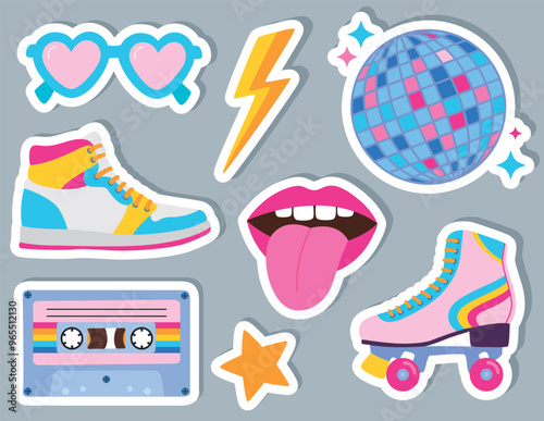 Set of cute stickers with retro objects from 80s-90s. Vector cartoon illustration on gray isolated background