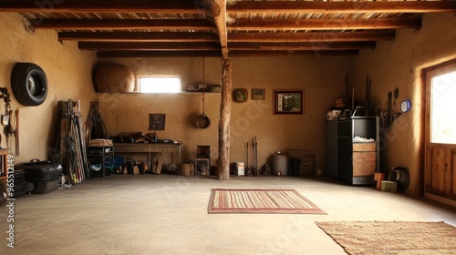 Empty room with a wooden ceiling, earthen walls and a colorful rug.