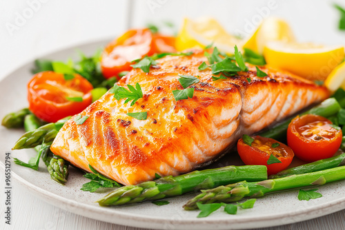 A plate of salmon with asparagus and tomatoes