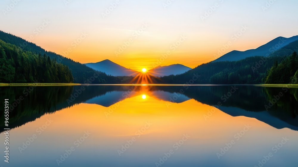 Sunrise reflected in a calm lake, symbolizing the beauty of new beginnings Sunrise reflected in a calm lake, symbolizing the beauty of new beginnings