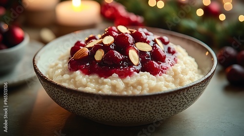 A creamy Danish Risalamande rice pudding topped with cherry sauce and almonds, served in a traditional Danish bowl, soft and elegant lighting, photo