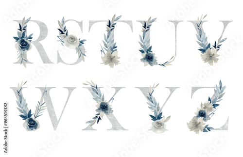 Vector watercolor floral alphabet with indigo flowers for wedding invitations, greeting card, birthday, logo, poster and other. Flower letters.