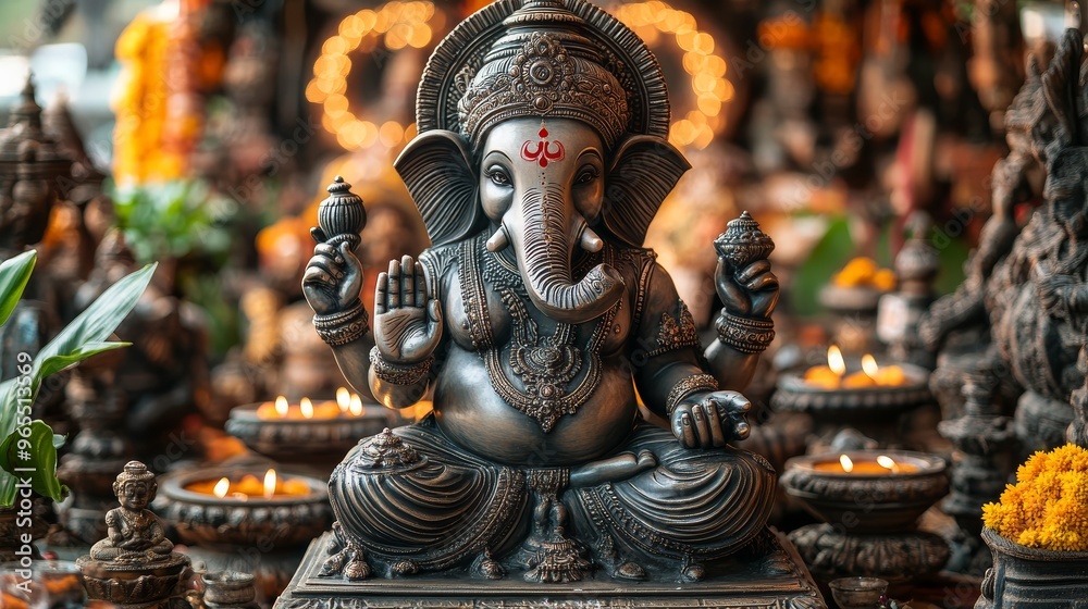 Ganesha Statue with Candles and Flowers Ganesha Statue with Candles and Flowers