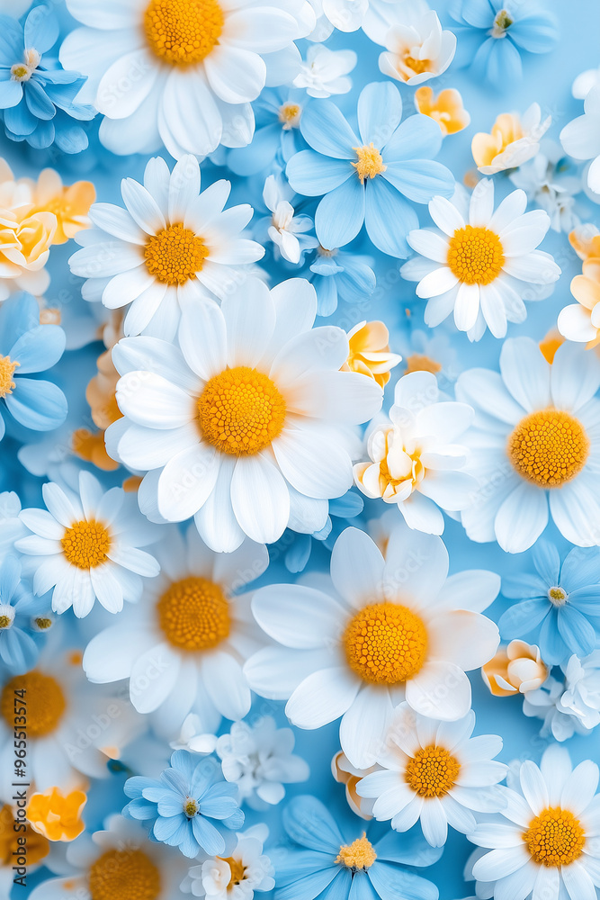 Fototapeta premium white wild daisy flowers on blue background.