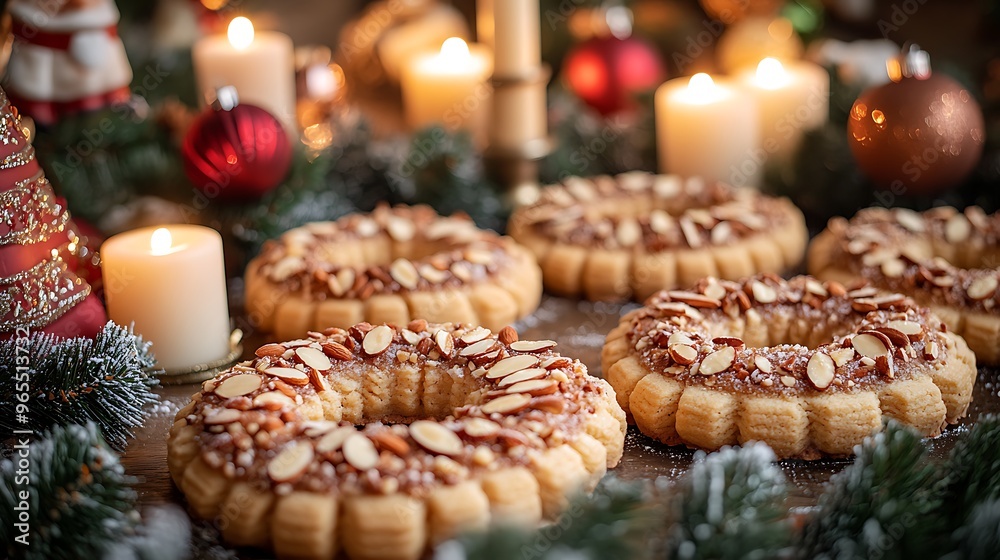 A festive display of buttery Dutch Kerstkransjes cookies, shaped like wreaths and topped with almonds, surrounded by traditional Christmas decorations like candles, garlands, and ornaments, A festive display of buttery Dutch Kerstkransjes cookies, shaped like wreaths and topped with almonds, surrounded by traditional Christmas decorations like candles, garlands, and ornaments,