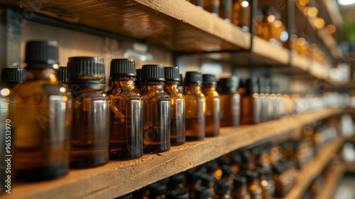 Shelves of essential aroma oil bottles in an apothecary setting