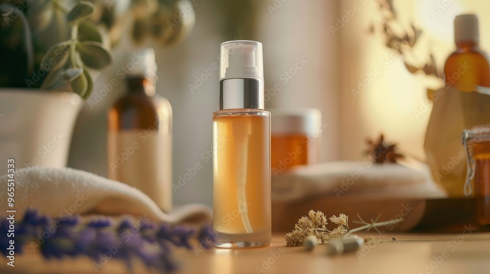 Skin care cream bottle with natural vitamins and spa essentials on a smooth, clean background Skin care cream bottle with natural vitamins and spa essentials on a smooth, clean background