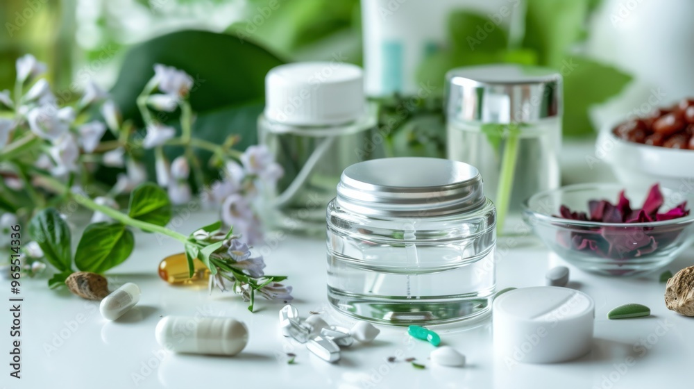 Skin care cream in a clear glass bottle next to spa treatment products and vitamins Skin care cream in a clear glass bottle next to spa treatment products and vitamins