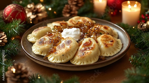 A festive holiday table featuring a plate of golden-brown Polish pierogi, served with sour cream and caramelized onions, surrounded by Christmas candles, garlands,