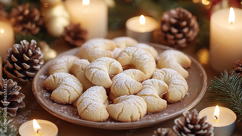 A festive holiday table featuring a plate of Vanillekipferl cookies, golden and crescent-shaped, dusted with powdered sugar, surrounded by glowing candles, pine cones, and Christmas decorations, A festive holiday table featuring a plate of Vanillekipferl cookies, golden and crescent-shaped, dusted with powdered sugar, surrounded by glowing candles, pine cones, and Christmas decorations,