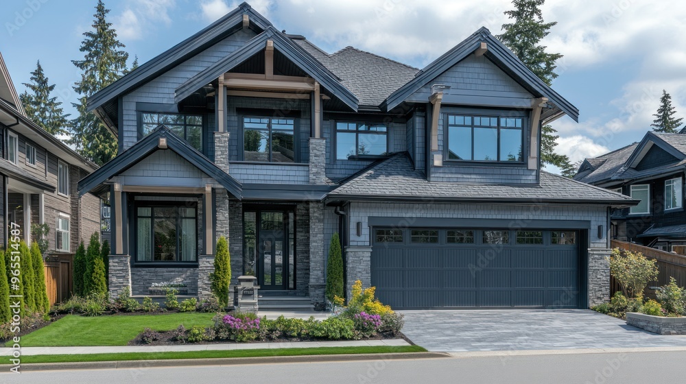 A beautiful modern home with a stone facade and a two-car garage. A beautiful modern home with a stone facade and a two-car garage.