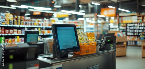 Checkout counter at a modern supermarket with digital display, loaded shopping basket, and shelves stocked with various products in the background.