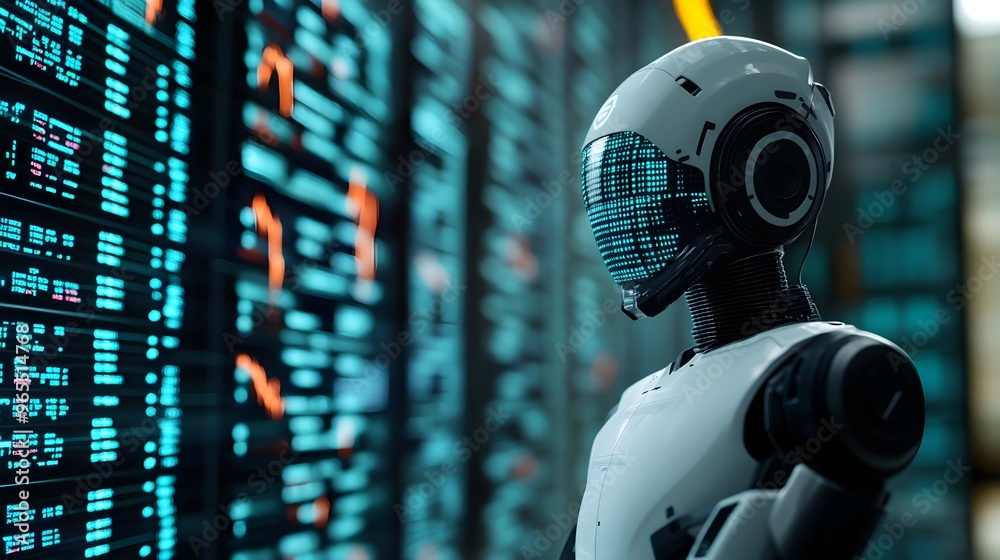 Futuristic Robot Analyzing Data in Server Room Futuristic Robot Analyzing Data in Server Room