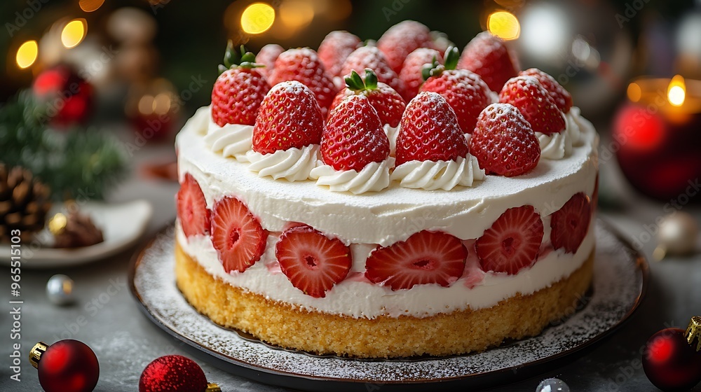 A festive Japanese Christmas cake, topped with layers of fresh strawberries and whipped cream, served on a holiday table with elegant decorations, twinkling Christmas lights, A festive Japanese Christmas cake, topped with layers of fresh strawberries and whipped cream, served on a holiday table with elegant decorations, twinkling Christmas lights,