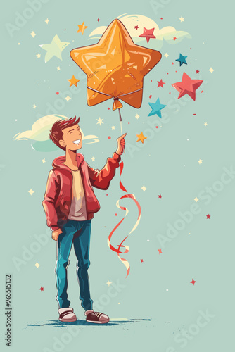 Confident Man Inflating Star-Shaped Balloon: Becoming a Popular Superstar