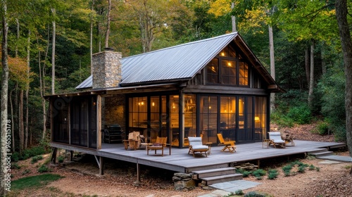 A modern cabin with a large deck and a stone fireplace sits in a lush forest setting.