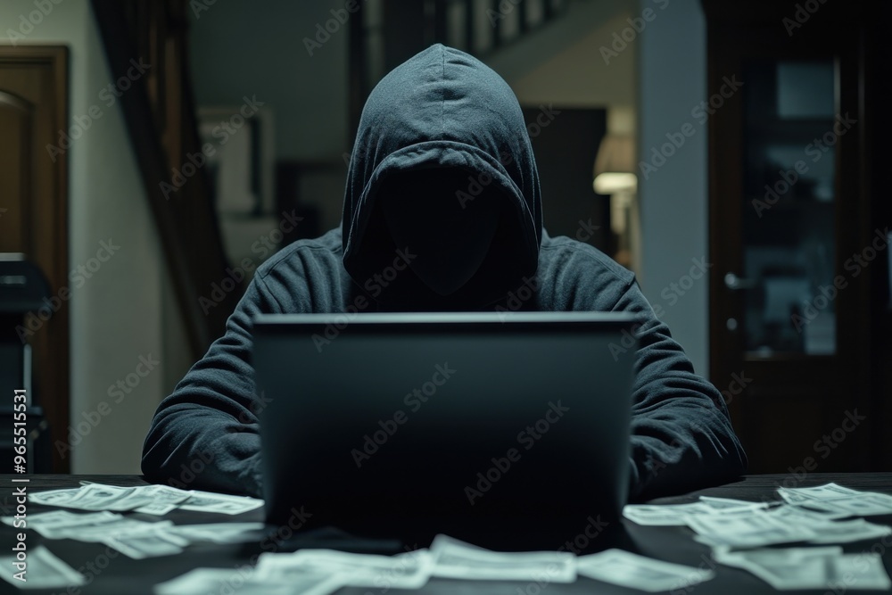 The hacker wore a black hoodie. They are illegally acquiring large quantities of confidential financial information on devices and have many discarded invoices spread across the table The hacker wore a black hoodie. They are illegally acquiring large quantities of confidential financial information on devices and have many discarded invoices spread across the table