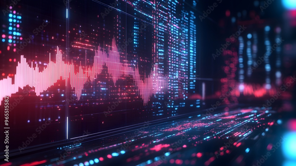 Holographic stock price drop, virtual business decline, futuristic economic impact, neon interface Holographic stock price drop, virtual business decline, futuristic economic impact, neon interface