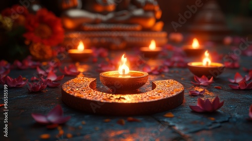 Burning Candles Lotus Petals and a Buddha Statue