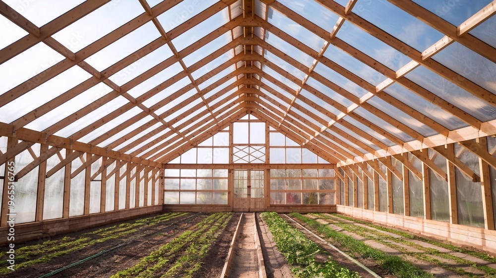 Building a large wooden greenhouse for vegetable cultivation Timber structure designed for growing vegetables Unusedglasshouse coated with bitumen mastic during early spring Agriculture Building a large wooden greenhouse for vegetable cultivation Timber structure designed for growing vegetables Unusedglasshouse coated with bitumen mastic during early spring Agriculture