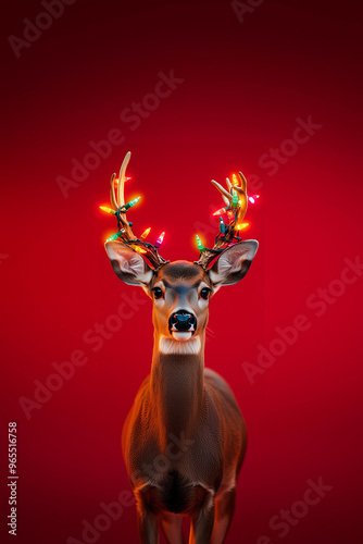 
Portrait of a deer with colorful Christmas garland with warm lights on its antlers, looking at the camera, against a red solid smooth background.  photo