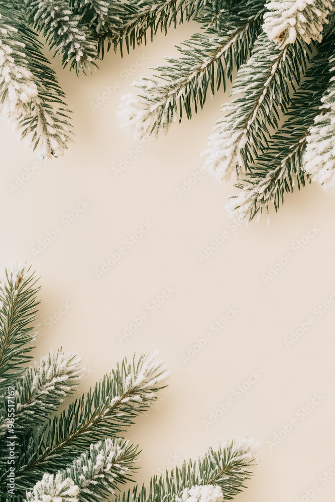 A clean, minimalistic New Year's greeting card featuring an abstract Christmas tree made of snow covered branches The background is beige.. A clean, minimalistic New Year's greeting card featuring an abstract Christmas tree made of snow covered branches The background is beige..