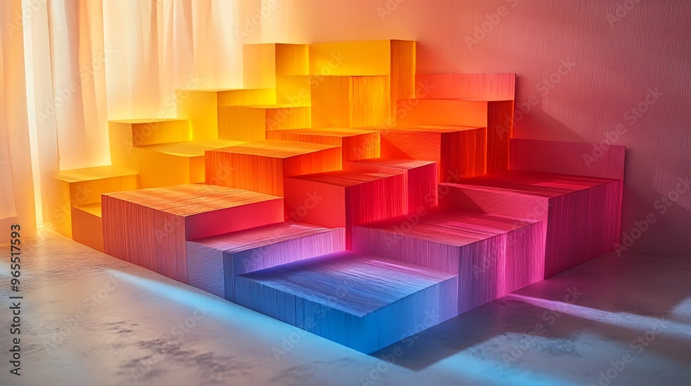 A colorful 3D papercraft stacked bar chart, layered paper bars with each segment slightly offset vertically, gradient transitions between layers, glowing light casting shadows, A colorful 3D papercraft stacked bar chart, layered paper bars with each segment slightly offset vertically, gradient transitions between layers, glowing light casting shadows,