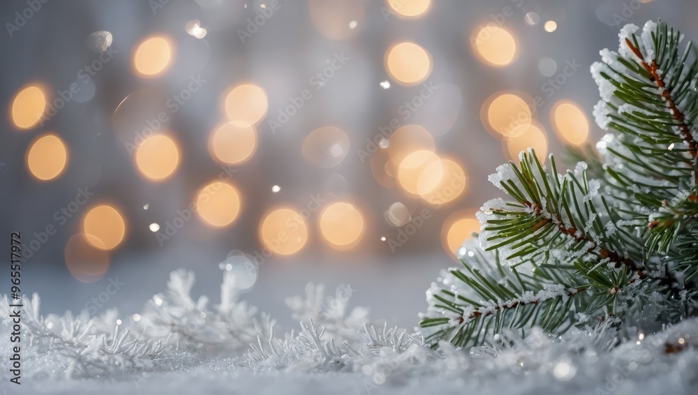 White Christmas background with spruce frosty brunches and Christmas lights