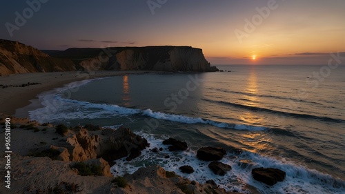 Twilight over seaside cliffs. The sky glows with soft twilight, cliffs stand tall above crashing waves, and the last rays of sunlight cast long shadows across the landscape. Realistic style. photo