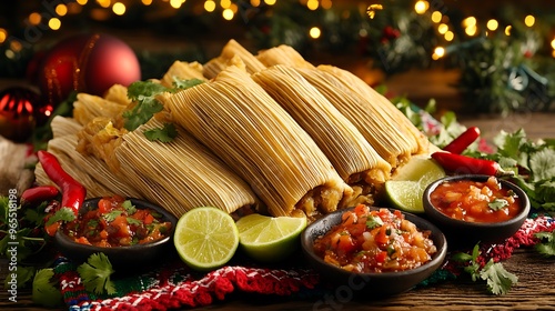 A holiday gathering featuring a large serving of tamales with various salsas, lime wedges, and chili peppers, set on a colorful Mexican cloth with Christmas lights and garlands in the background,