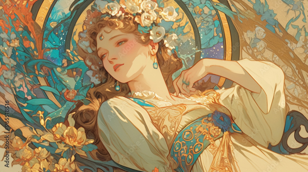 Fototapeta premium 昼下がり、木陰で眠る少女。ファンタジー,イラスト,幻想的,アニメ,アート