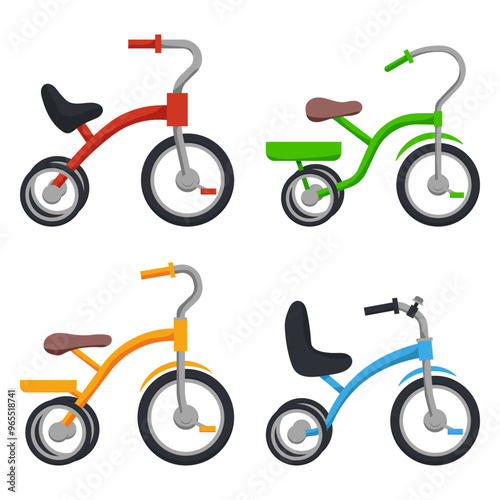 Classic tricycles vector cartoon set isolated on a white background.