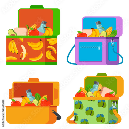 Lunch boxes and bags vector cartoon set isolated on a white background.