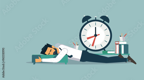 Procrastinating Employee Sleeping on Clock, Representing Lack of Motivation and Poor Time Management Skills