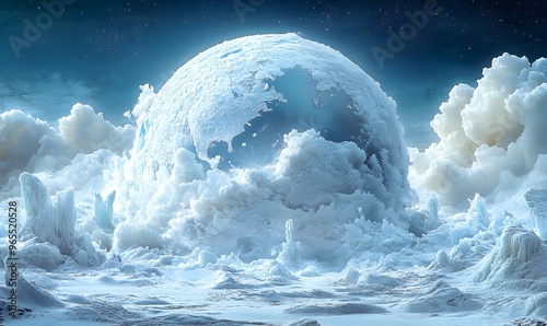 A Frozen Planet with a Snow-Covered Globe in a Cloudy Sky photo