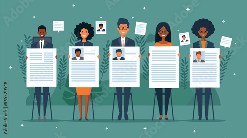 Recruitment Agency Reviewing Five CV Resumes for Hiring and Recruiting New Employees