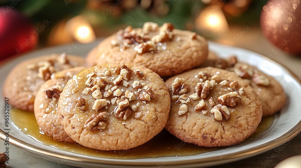 A plate of Greek Melomakarona cookies, soaked in honey and topped with crushed walnuts, served on a traditional platter, surrounded by holiday decorations, soft ambient lighting creating a cozy, A plate of Greek Melomakarona cookies, soaked in honey and topped with crushed walnuts, served on a traditional platter, surrounded by holiday decorations, soft ambient lighting creating a cozy,