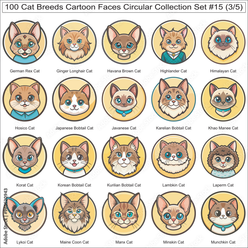 Obraz premium Cat Breeds Cartoon Faces Circular Collection Set of 100 Cat Faces Isolated Part 3